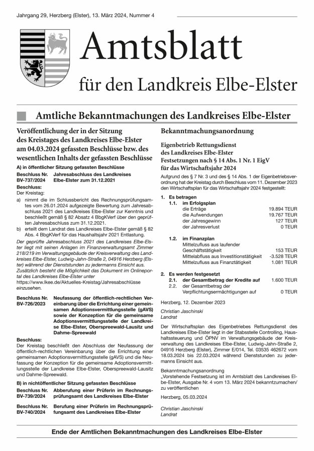 Amtsblatt für den Landkreis Elbe-Elster Titelblatt 04/2024