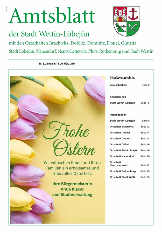 Amtsblatt der Stadt Wettin-Löbejün mit den Ortsteilen Titelblatt 03/2024