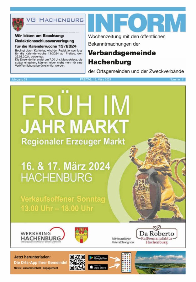 INFORM - Wochenzeitung der Verbandsgemeinde Hachenburg Titelblatt 11/2024