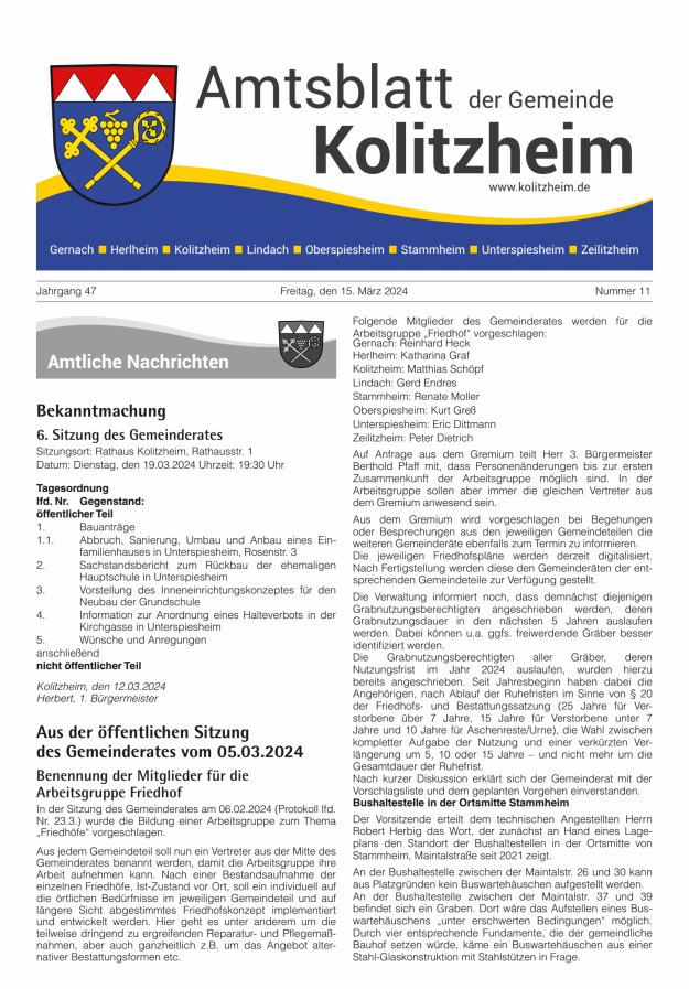 Amtsblatt der Gemeinde Kolitzheim Titelblatt 11/2024