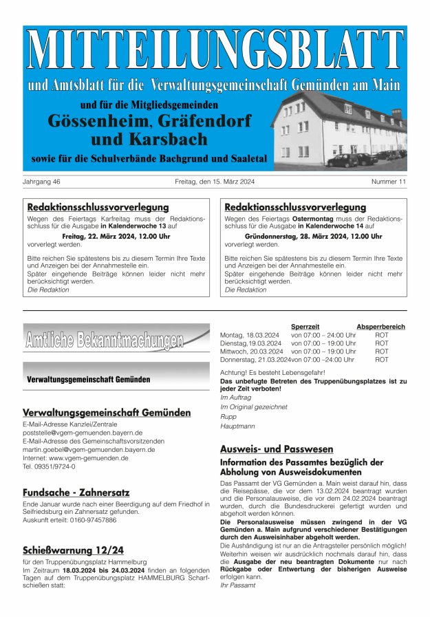 Mitteilungsblatt der VG Gemünden a Main Titelblatt 11/2024