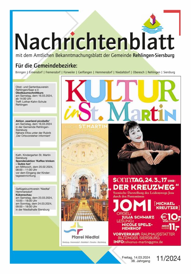 Nachrichtenblatt Rehlingen-Siersburg Titelblatt 11/2024