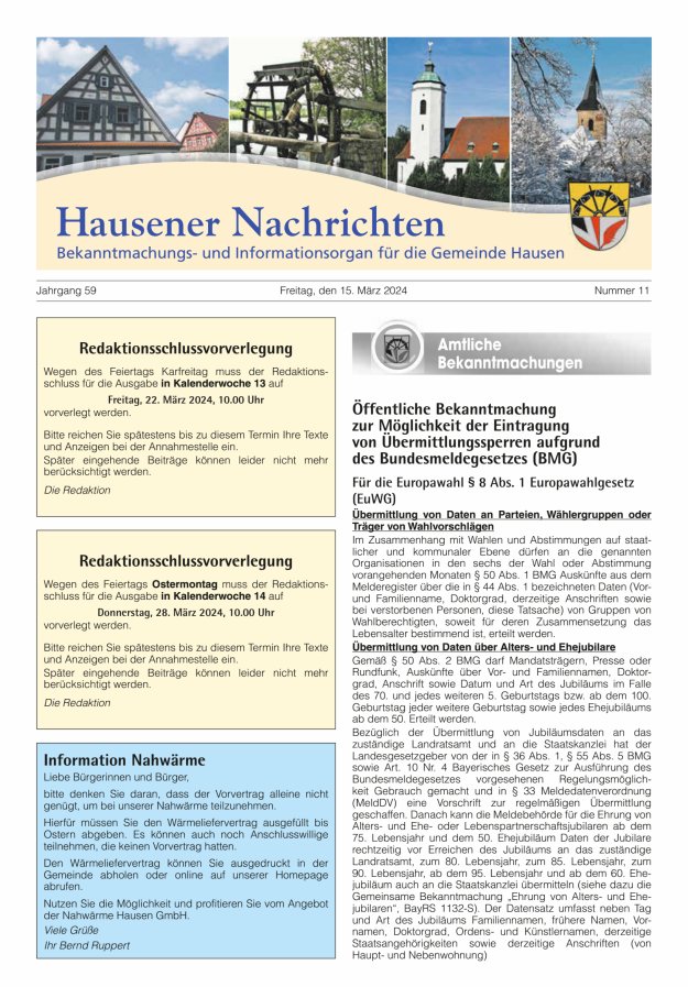Hausener Nachrichten Titelblatt 11/2024