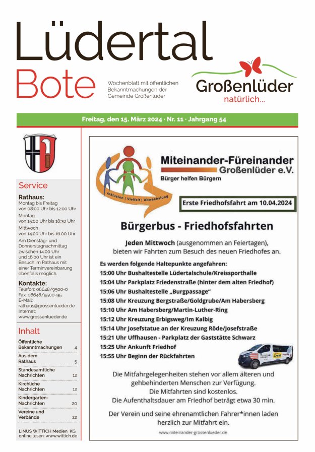 Wochenblatt mit öffentlichen Bekanntmachungen der Gemeinde Großenlüder Titelblatt 11/2024