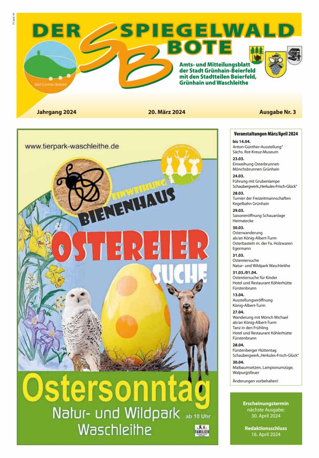 Der Spiegelwaldbote - Amts- und Mitteilungsblatt der Gemeinde Grünhain-Beierfeld  Titelblatt 03/2024
