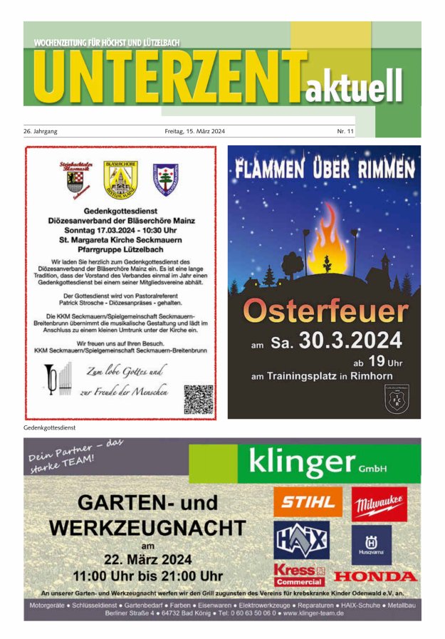 Unterzent aktuell Wochenzeitung für Höchst und Lützelbach Titelblatt 11/2024