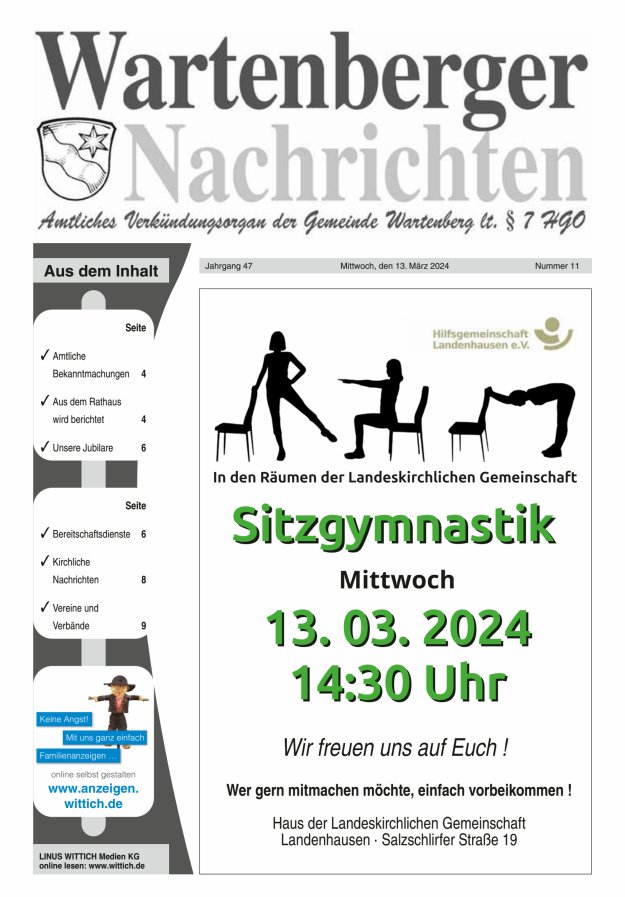 Wartenberger Nachrichten Titelblatt 11/2024