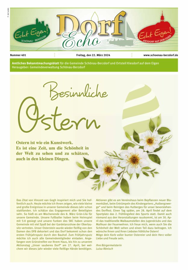 Dorfecho Amtliches Bekanntmachungsblatt für die Gemeinde Schönau-Berzdorf und OT Titelblatt 401/2024