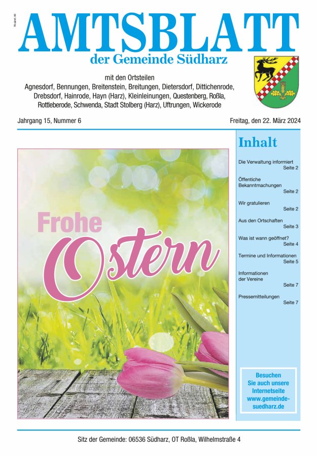 Amtsblatt der Gemeinde Südharz Titelblatt 06/2024