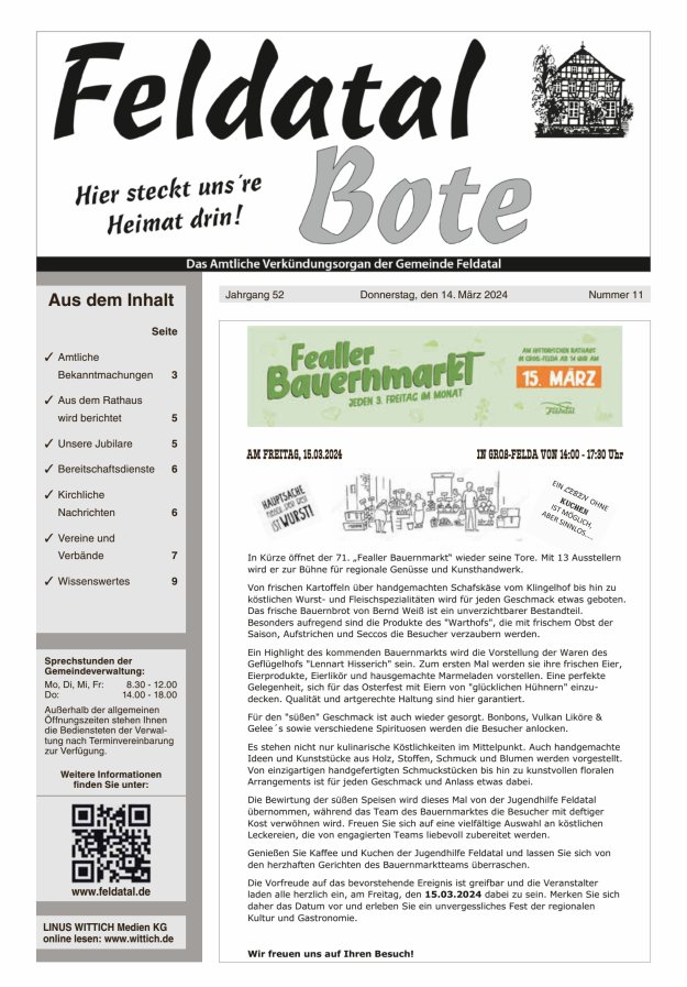 Das Amtliche Verkündungsorgan der Gemeinde Feldatal Titelblatt 11/2024