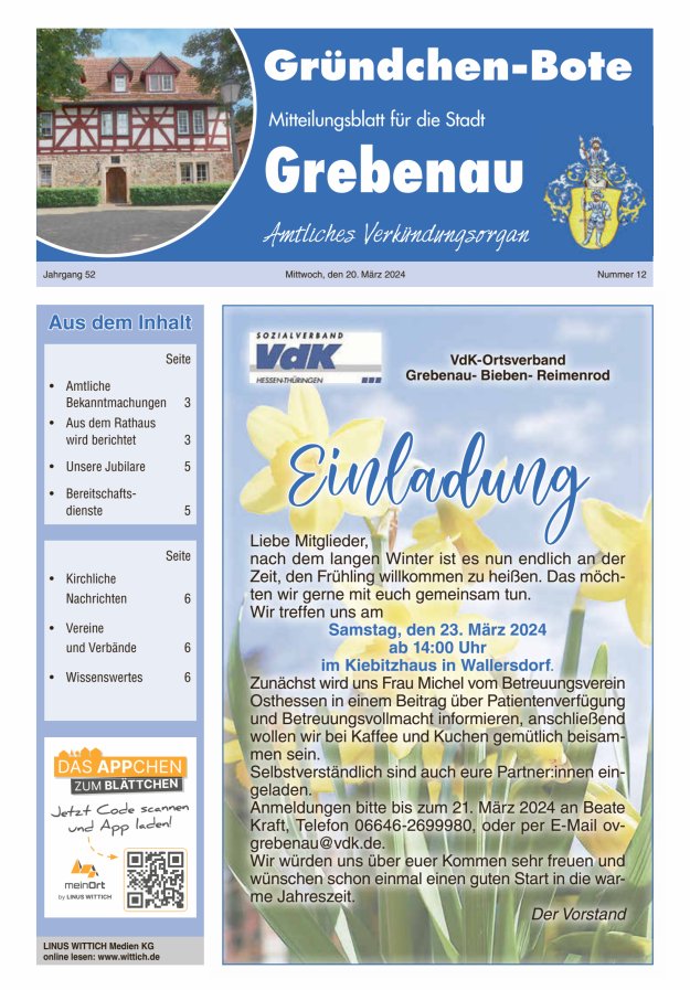 Grebenau - Gründchen Bote - Mitteilungsblatt für die Stadt Grebenau Titelblatt 12/2024
