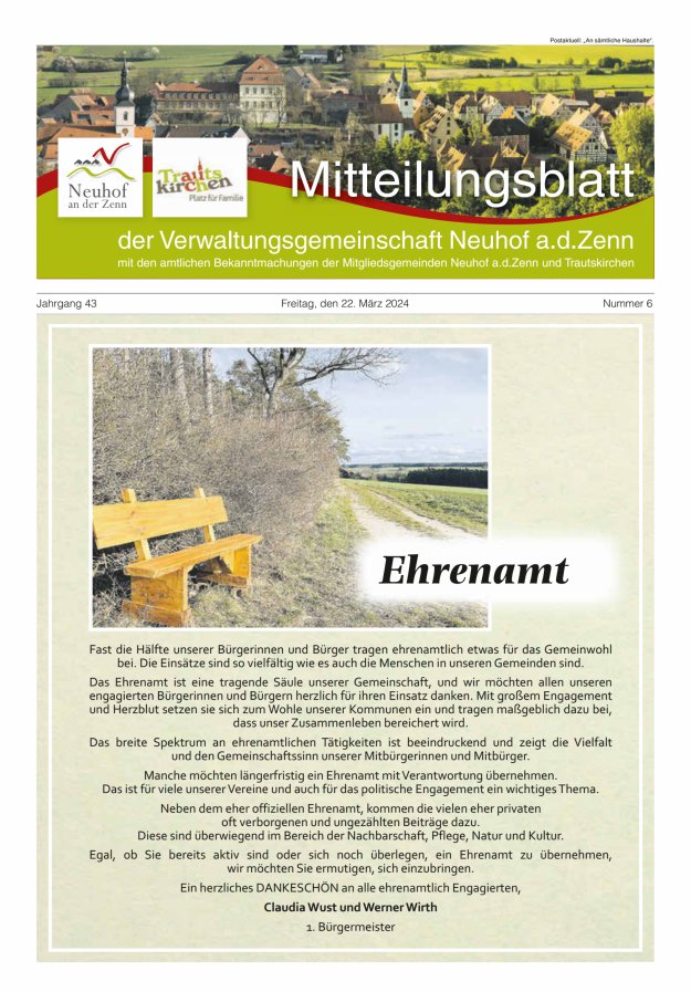 Mitteilungsblatt der Verwaltungsgemeinschaft Neuhof an der Zenn mit den amtlichen Bekanntmachungen der Mitgliedsgemeinden Neuhof an der Zenn und Trautskirchen Titelblatt 06/2024