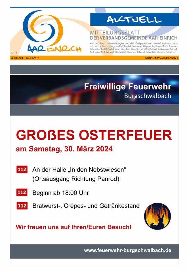 Mitteilungsblatt der Verbandsgemeinde Aar-Einrich Ausgabe Katzenelnbogen Titelblatt 12/2024