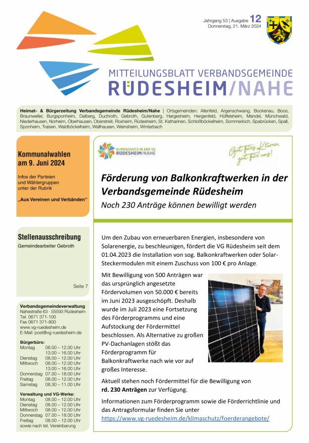 Mitteilungsblatt Verbandsgemeinde Rüdesheim und zugehörige Ortsgemeinden Titelblatt 12/2024