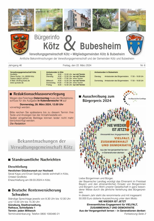 Amtsblatt der VG Kötz und der Mitgliedsgemeinden Titelblatt 06/2024