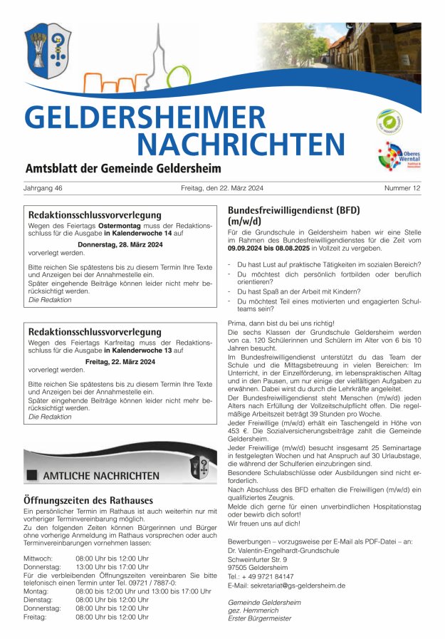 Geldersheimer Nachrichten Amtsblatt der Gemeinde Geldersheim Titelblatt 12/2024