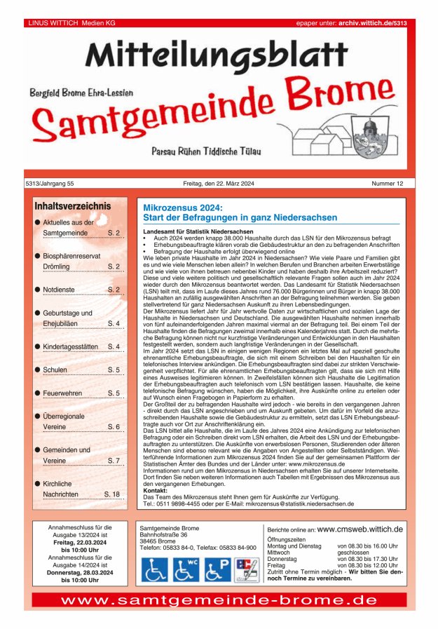 Mitteilungsblatt der Samtgemeinde Brome Titelblatt 12/2024