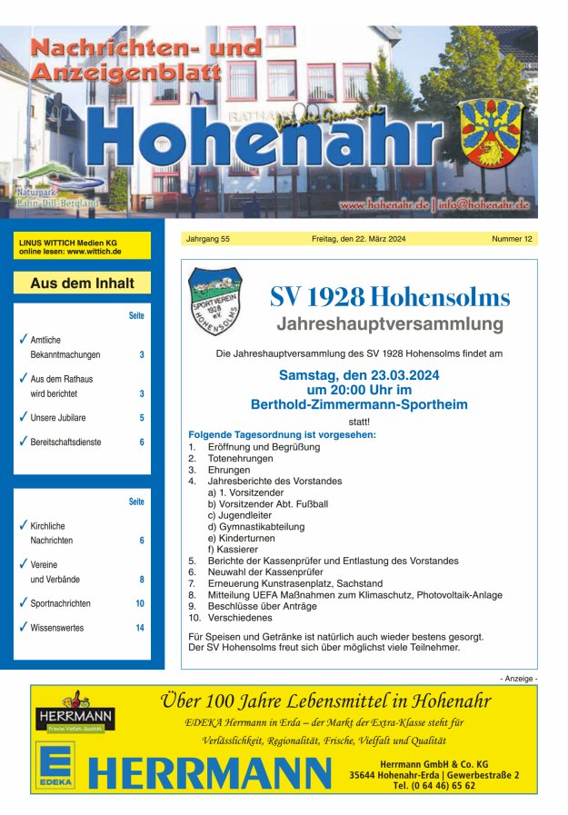 Nachrichten- und Anzeigenblatt für die Gemeinde Hohenahr Titelblatt 12/2024