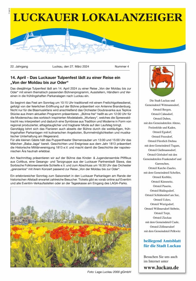 Luckauer Lokalanzeiger (beiliegend Amtsblatt für die Stadt Luckau) Titelblatt 04/2024