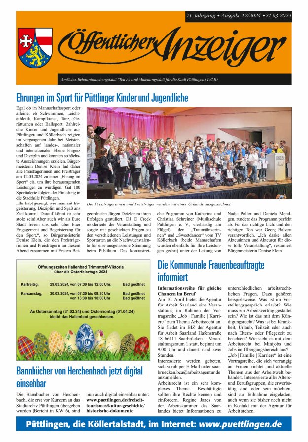 Öffentlicher Anzeiger - Stadt Püttlingen Titelblatt 12/2024
