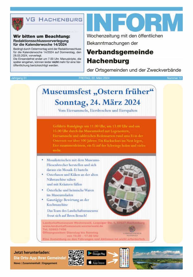 INFORM - Wochenzeitung der Verbandsgemeinde Hachenburg Titelblatt 12/2024