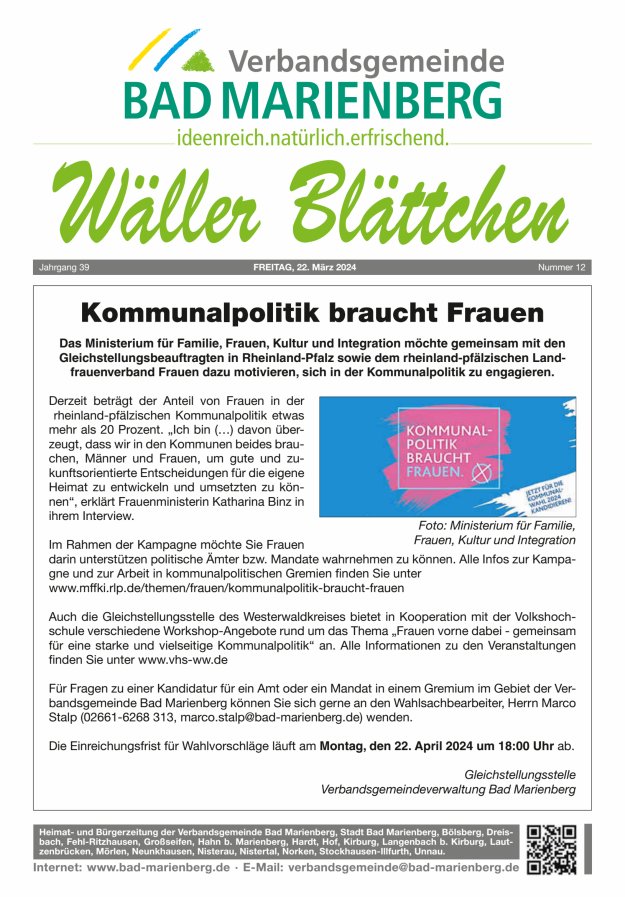 Wäller Blättchen - Verbandsgemeinde Bad Marienberg Titelblatt 12/2024