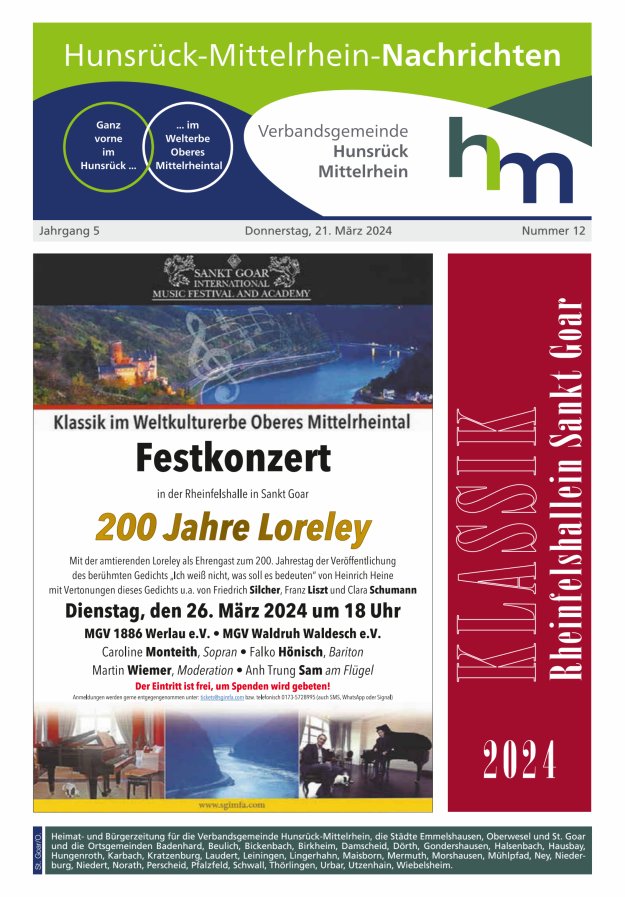 Hunsrück-Mittelrhein Nachrichten Ausgabe St Goar Oberwesel Titelblatt 12/2024