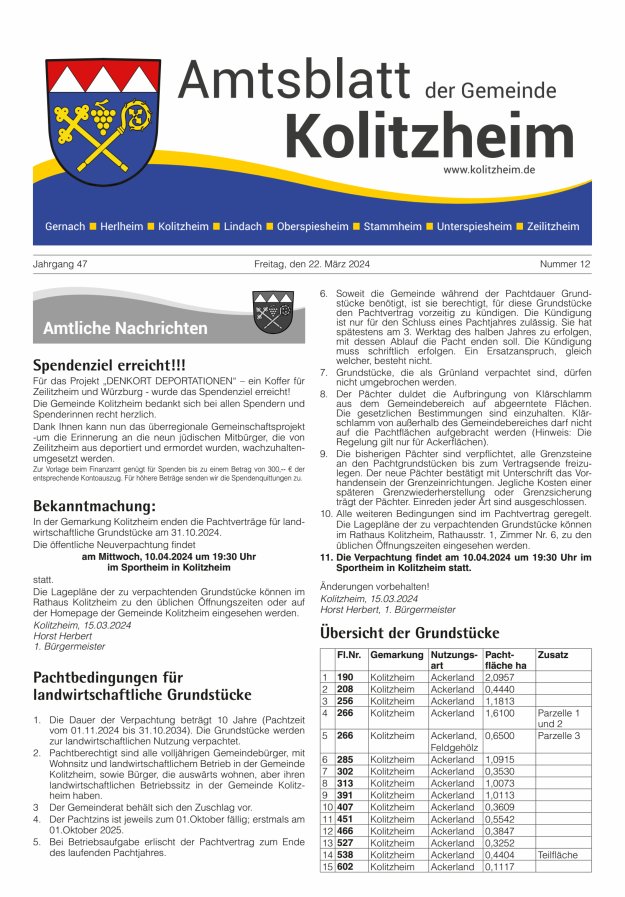 Amtsblatt der Gemeinde Kolitzheim Titelblatt 12/2024