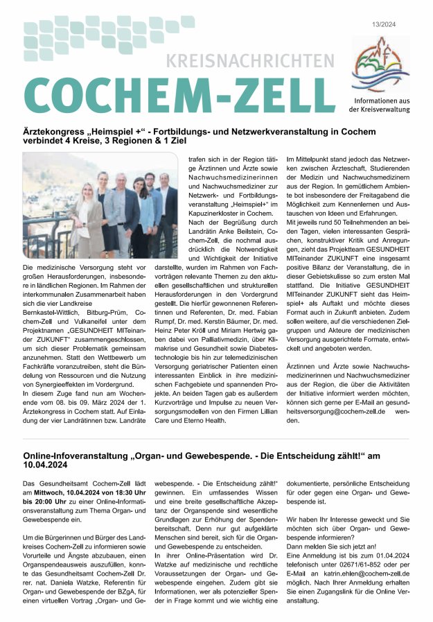 Kreisnachrichten Cochem-Zell Titelblatt 13/2024