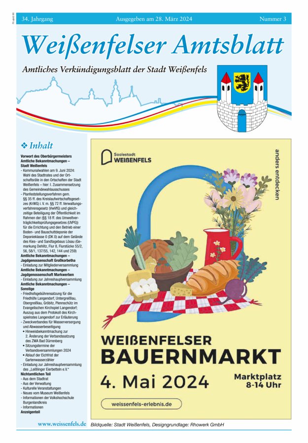 Weißenfelser Amtsblatt – Amtliches Verkündungsblatt der Stadt Weißenfels Titelblatt 03/2024