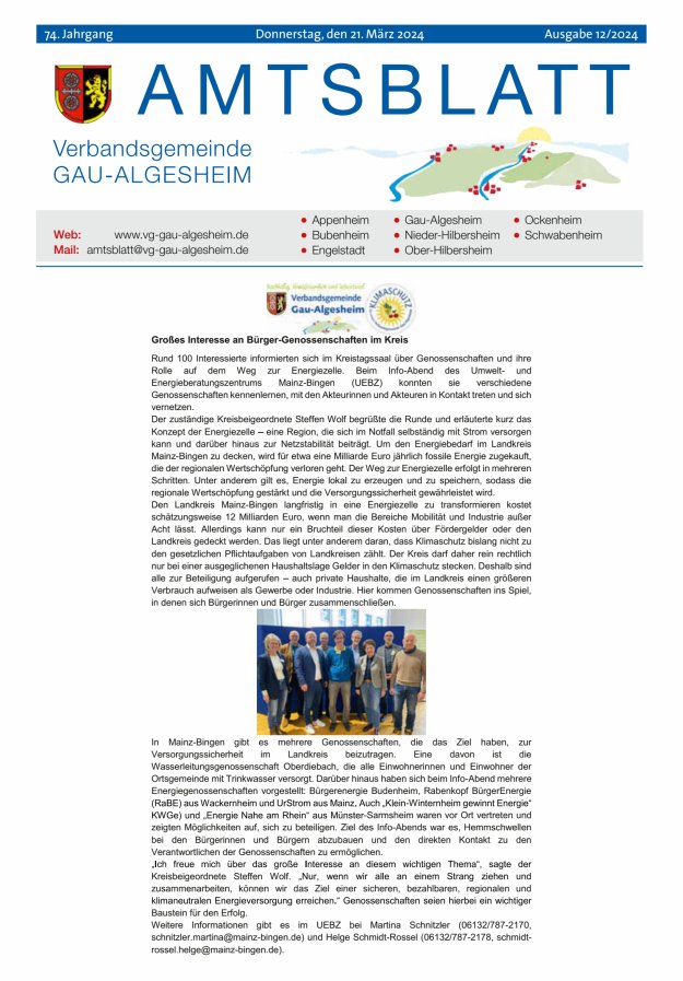 Amtsblatt der VG Gau-Algesheim Titelblatt 12/2024