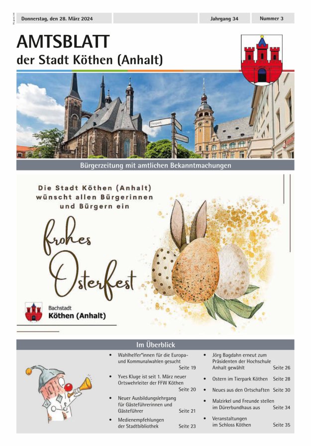 Amtsblatt der Stadt Köthen (Anhalt) – Bürgerzeitung mit amtlichen Bekanntmachungen Titelblatt 03/2024