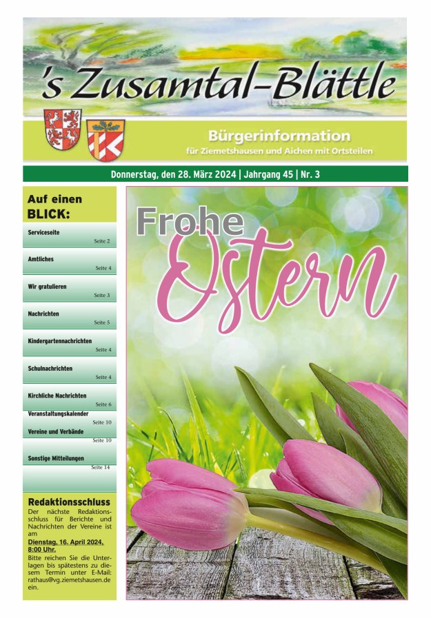 's Zusamtal-Blättle Bürgerinformationen für Ziemetshausen und Aichen mit OTen Titelblatt 03/2024