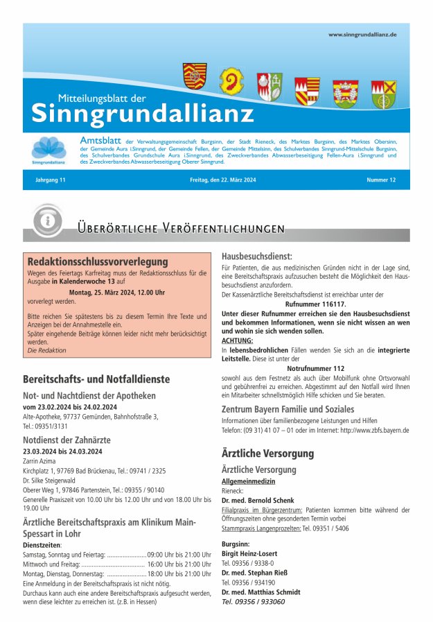 Mitteilungsblatt der Sinngrundallianz Titelblatt 12/2024