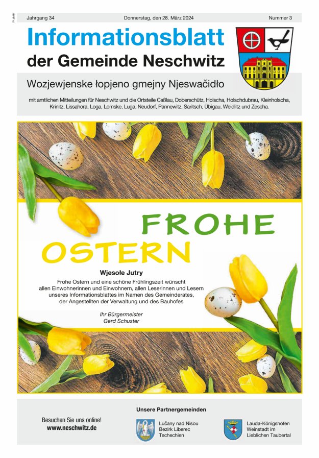 Informationsblatt der Gemeinde Neschwitz mit amtlichen Mitteilungen Titelblatt 03/2024