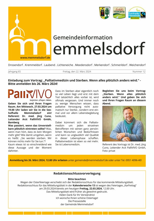 Mitteilungsblatt der Gemeinde Memmelsdorf Titelblatt 12/2024