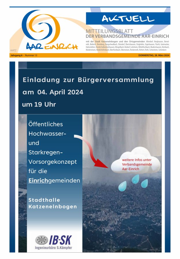Mitteilungsblatt der Verbandsgemeinde Aar-Einrich Ausgabe Katzenelnbogen Titelblatt 13/2024