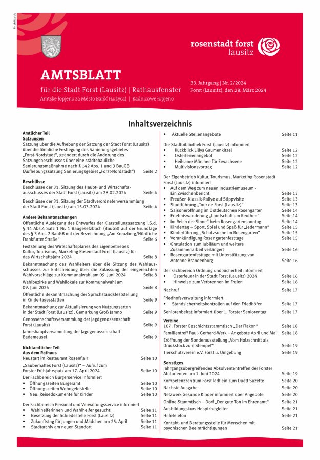 Amtsblatt für die Stadt Forst (Lausitz) Titelblatt 02/2024