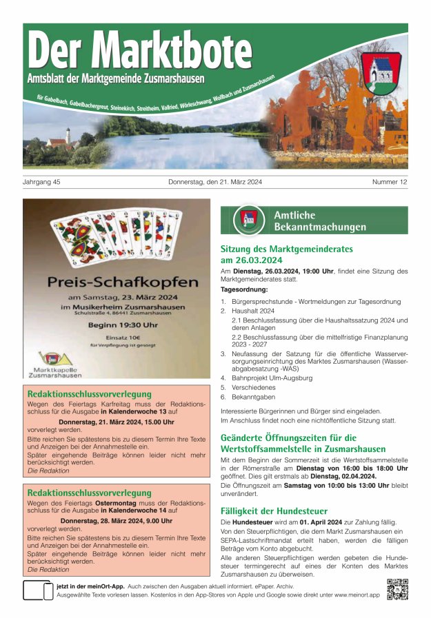 Zusmarshausen - Der Marktbote Titelblatt 12/2024