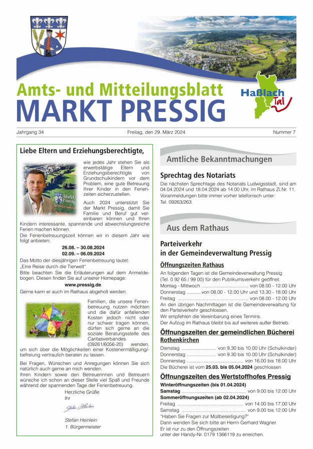 Amtsblatt für den Markt Pressig mit den Gemeindeteilen Titelblatt 07/2024