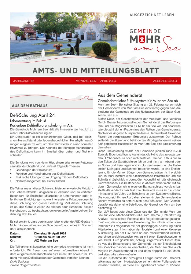 Muhrer Heimatbrief Amts- u Mitteilungsblatt der Gemeinde Muhr a See Titelblatt 03/2024