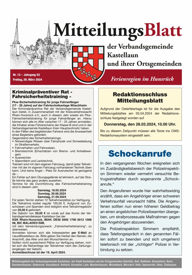 Mitteilungsblatt Kastellaun Titelblatt 13/2024