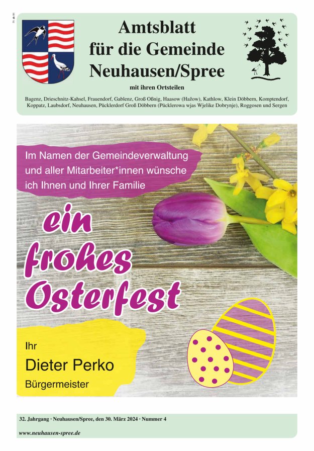 Mitteilungsblatt – Amtsblatt für die Gemeinde Neuhausen/Spree Titelblatt 04/2024