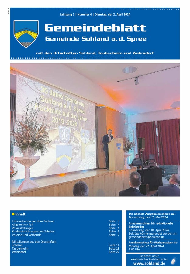 Amtsblatt der Gemeinde Sohland a. d. Spree mit den Ortschaften Sohland, Taubenheim und Wehrsdorf Titelblatt 04/2024