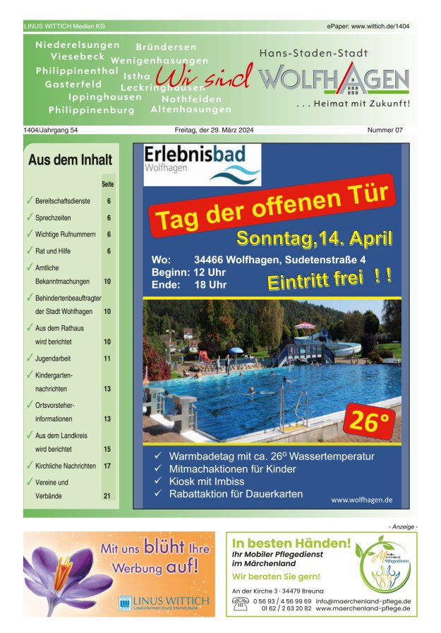 Wolfhager Stadtanzeiger Titelblatt 07/2024