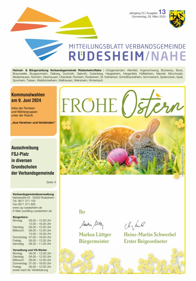 Mitteilungsblatt Verbandsgemeinde Rüdesheim und zugehörige Ortsgemeinden Titelblatt 13/2024