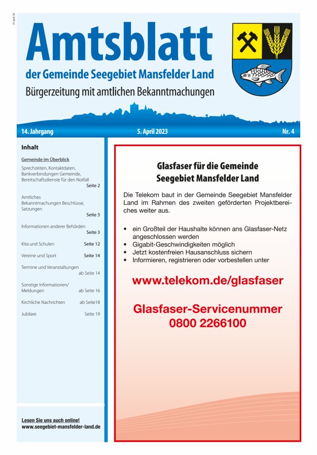 Amtsblatt der Gemeinde Seegebiet Mansfelder Land Titelblatt 04/2023