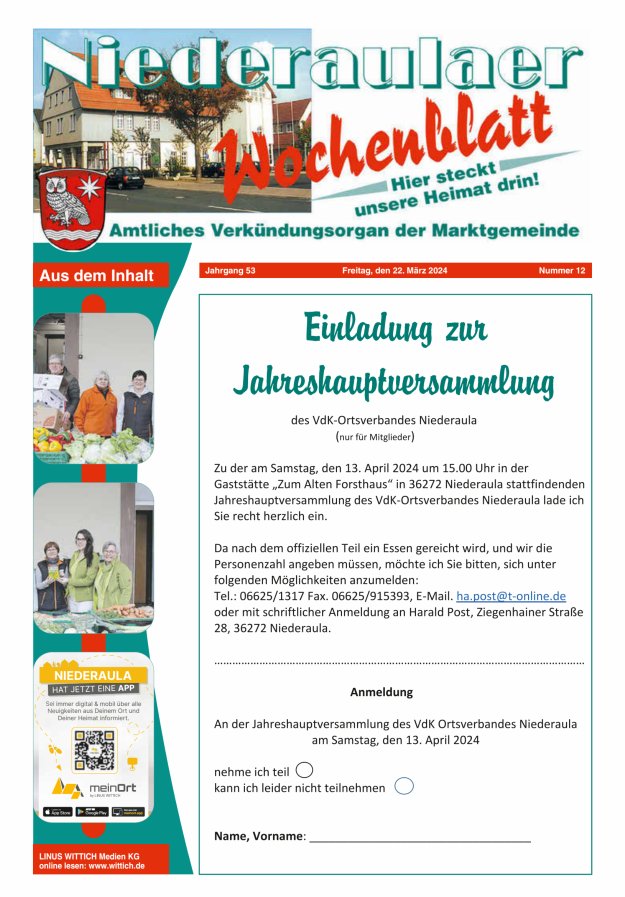 Niederaulaer Wochenblatt Titelblatt 12/2024