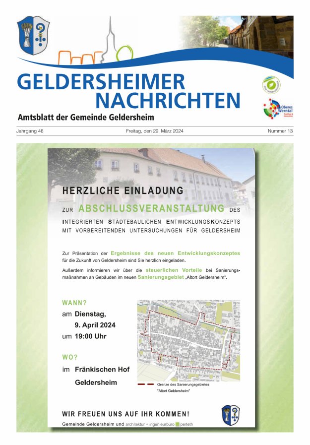 Geldersheimer Nachrichten Amtsblatt der Gemeinde Geldersheim Titelblatt 13/2024