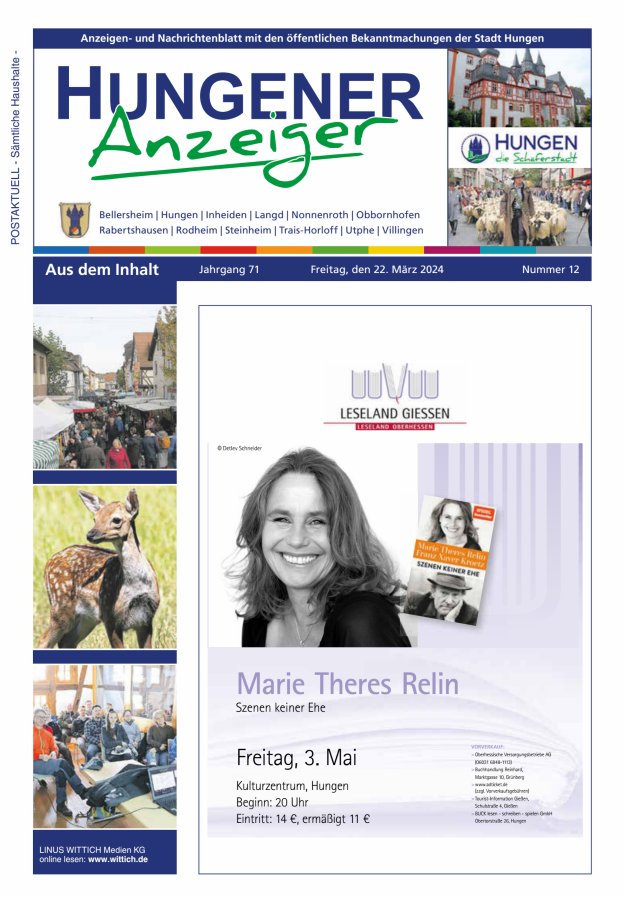 Anzeigen- und Nachrichtenblatt mit den öff  Bekanntmachungen der Stadt Hungen Titelblatt 12/2024